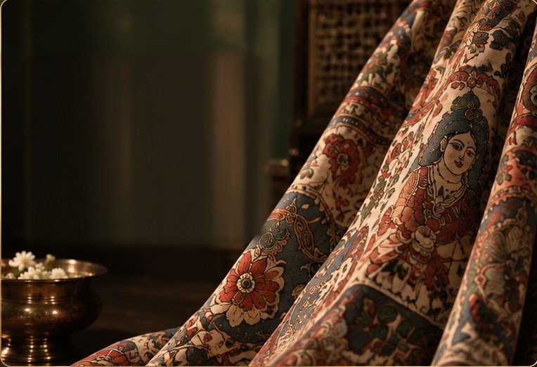 Hand-painted kalamkari fabric draped beside a brass pot