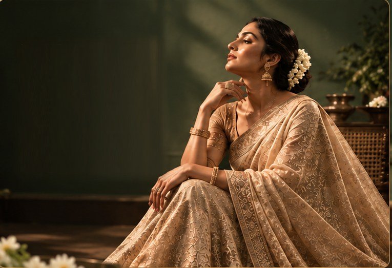 Model in a champagne saree seated in warm heritage light