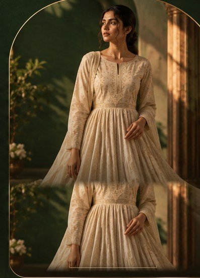 Model standing in a cream dress
