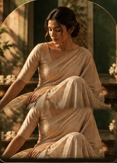Model seated in an ivory saree