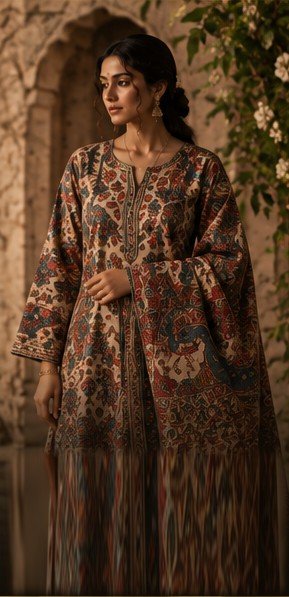 Model in a kalamkari kurta set beside a stone arch