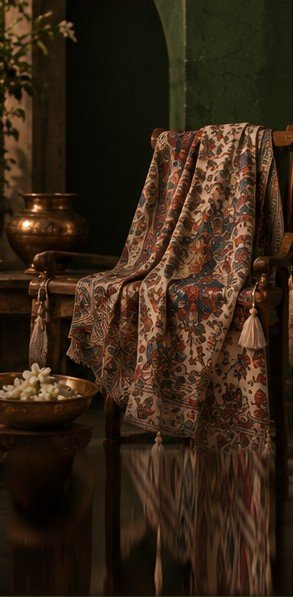 Kalamkari dupatta draped over a carved chair
