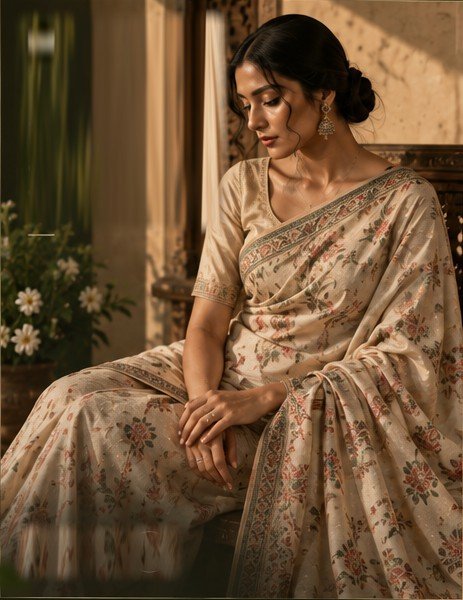 Model seated in an embroidered floral saree