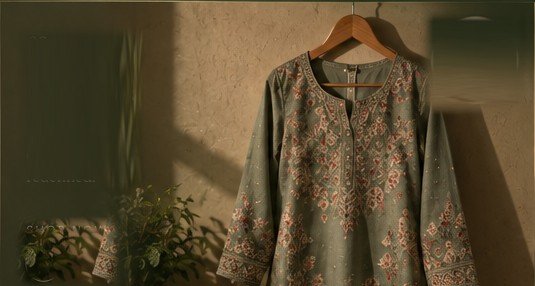 Sage green embroidered kurta on a wooden hanger