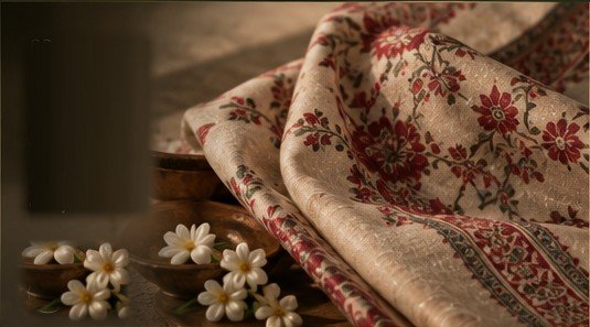 Printed saree fabric folded beside jasmine flowers