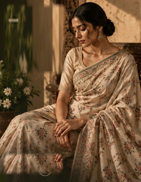 Model in an embroidered saree beside carved wood